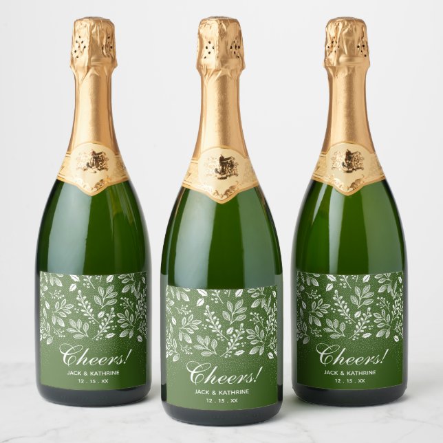 White Botanicals on Green Wedding Sparkling Wine Label (Bottles)