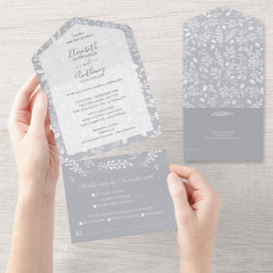 White Botanicals on Grey Wedding All In One Invitation