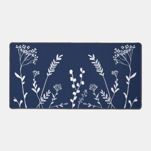 White Botanicals on Navy Blue Desk Mat