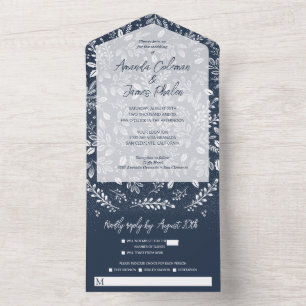 White Botanicals on Navy No Envelopes Wedding All In One Invitation