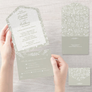 White Botanicals on Sage Green Wedding All In One Invitation