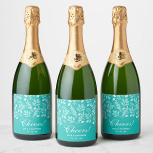 White Botanicals on Turquoise Wedding Sparkling Wine Label