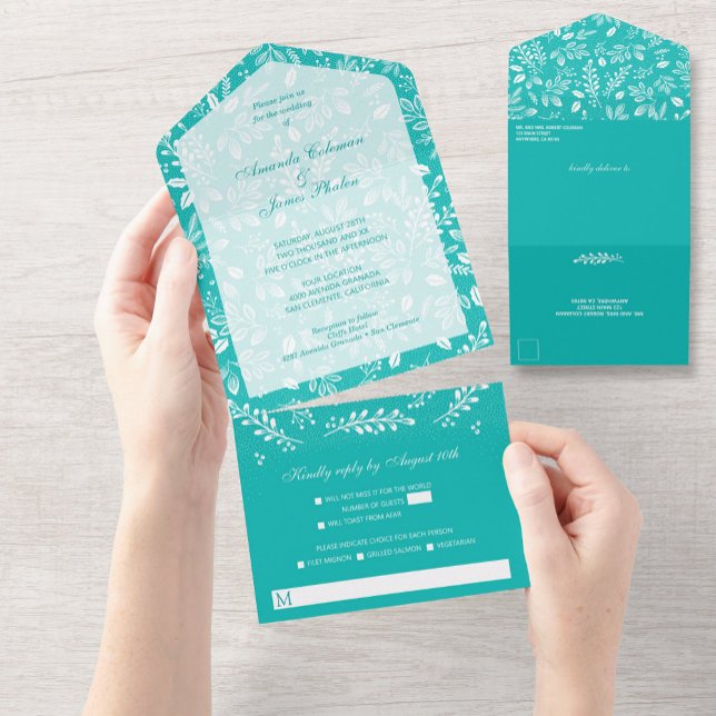 White Botanicals Turquoise No Envelopes Wedding All In One Invitation (Creator Uploaded)