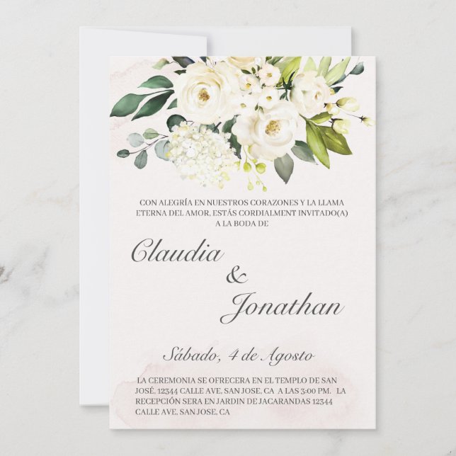 White bouquet spanish wedding invite (Front)