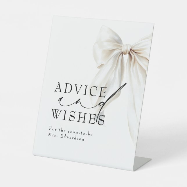 White Bow Advice and Wishes Bridal Shower Pedestal Sign (Front)