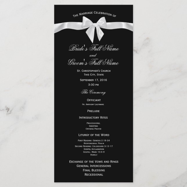 White Bow and Black Wedding Program Programme (Front)