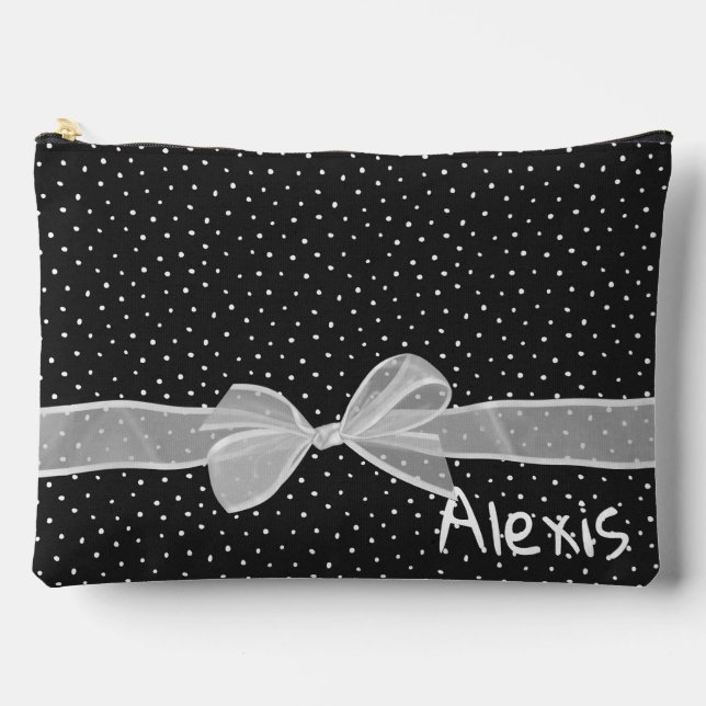 White Bow and Ribbon On Dots with Name Accessory Pouch (Front)