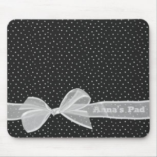 White Bow and Ribbon On Dots with Name Mouse Mat