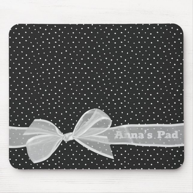 White Bow and Ribbon On Dots with Name Mouse Mat (Front)