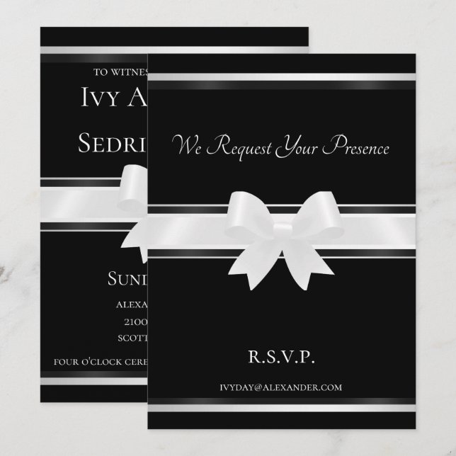 White Bow & Black Classic II Wedding Invitation (Front/Back)