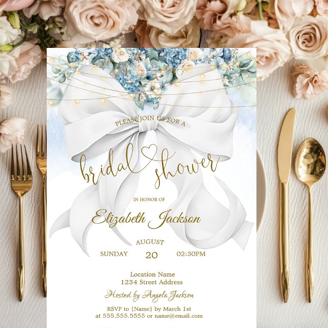 White Bow Blue Flowers String Lights Bridal Shower Invitation (Creator Uploaded)