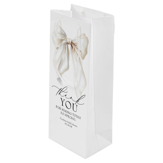 White Bow Bridal Shower Thank You Favours Wine Gift Bag (Front Angled)