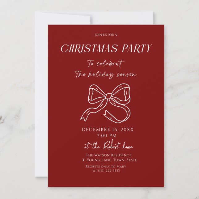 White bow Christmas Holiday Party Invitation (Front)