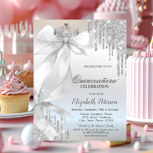 White Bow Crown Glitter Drips Silver Quinceañera Invitation