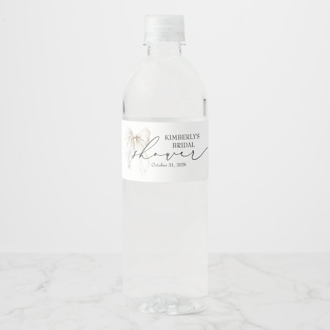 White Bow Elegant Chic Bridal Shower Party Water Bottle Label (Front)