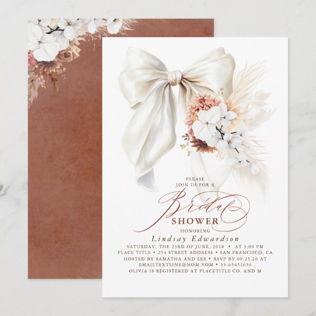 White Bow Floral Terracotta Boho Bridal Shower Invitation (Front/Back)