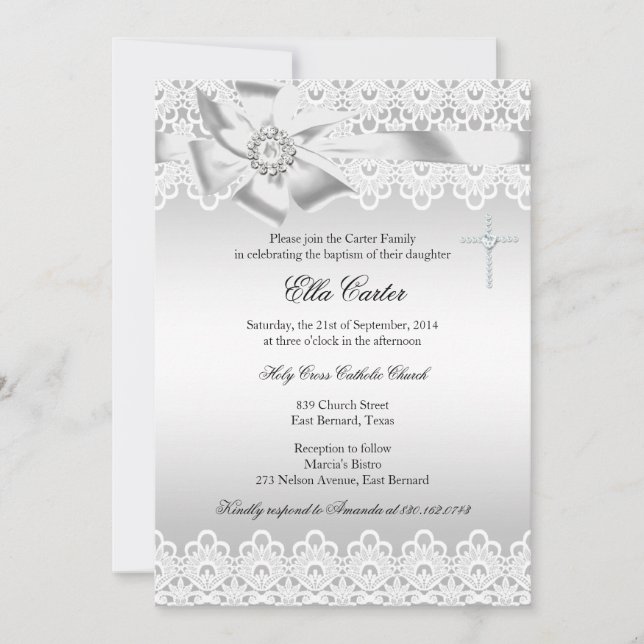 White Bow & Lace Cross Baptism Invitation (Front)