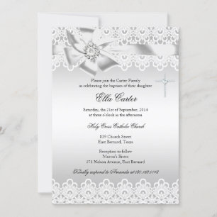 White Bow & Lace Cross Baptism Invitation
