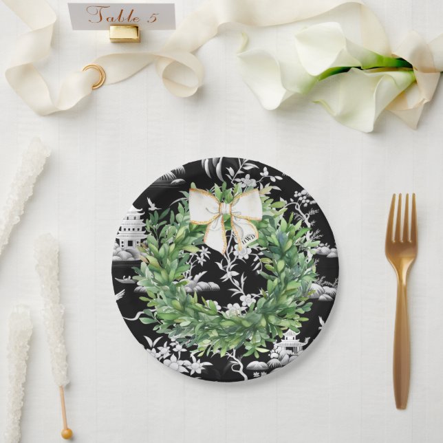 White Bow Monogram Chinoiserie Preppy Paper Plate (Wedding)