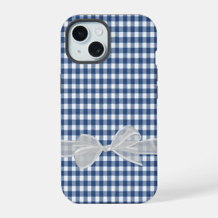 White Bow On Navy Blue Gingham iPhone 15 Case