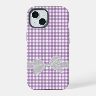 White Bow On Purple Gingham iPhone 15 Case