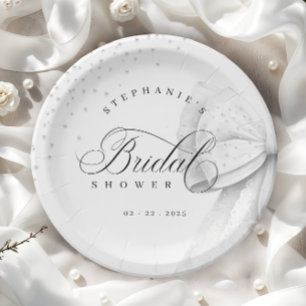 White Bow Pearls Bridal Shower Paper Plate