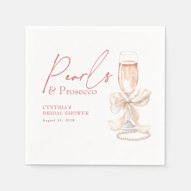 White Bow Pearls & Prosecco Blush Bridal Shower Napkin (Front)