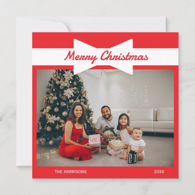 White Bow Photo Red Christmas Holiday Card (Front)