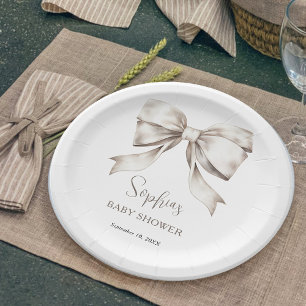 White Bow Ribbon Vintage Baby Shower Paper Plate