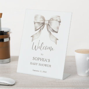 White Bow Ribbon Vintage Baby Shower Welcome Pedestal Sign