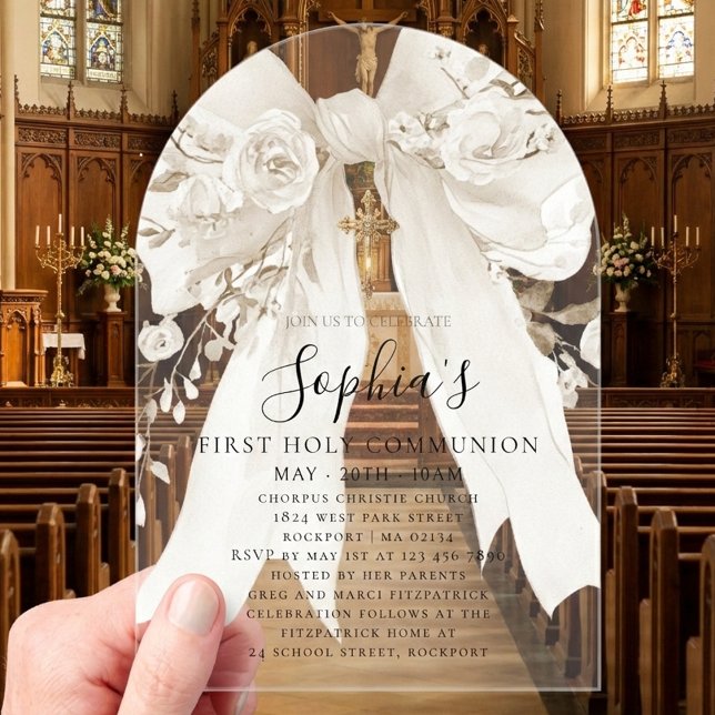 White Bow Rose Floral Girl First Communion Arch Acrylic Invitations (Creator Uploaded)