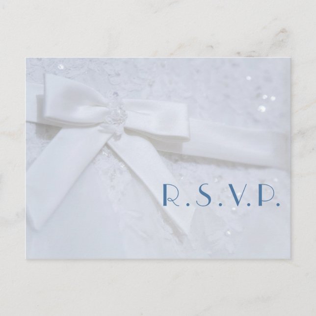 White Bow Sequin Blue Typography Wedding RSVP Card (Front)