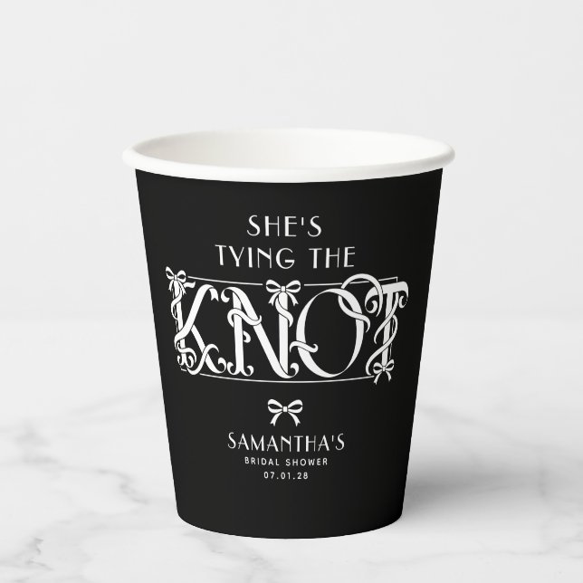 White Bow She's Tying the Knot Black Bridal Shower Paper Cups (Front)