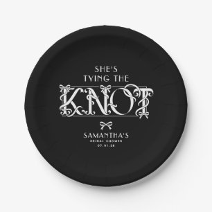 White Bow She's Tying the Knot Black Bridal Shower Paper Plate