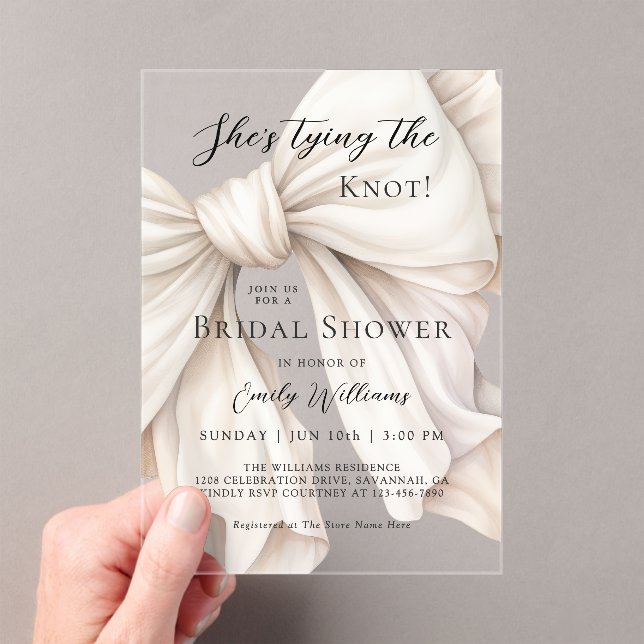 White Bow She's Tying the Knot Bridal Shower Acrylic Invitations (Insitu (Handheld))