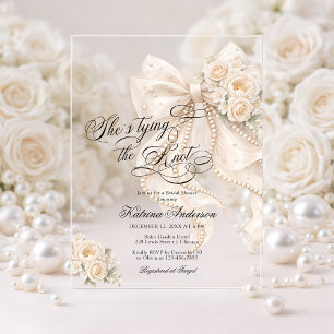 White Bow She's Tying the Knot Bridal Shower Acrylic Invitations