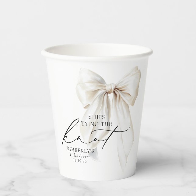 White Bow She's Tying the Knot Bridal Shower Paper Cups (Front)