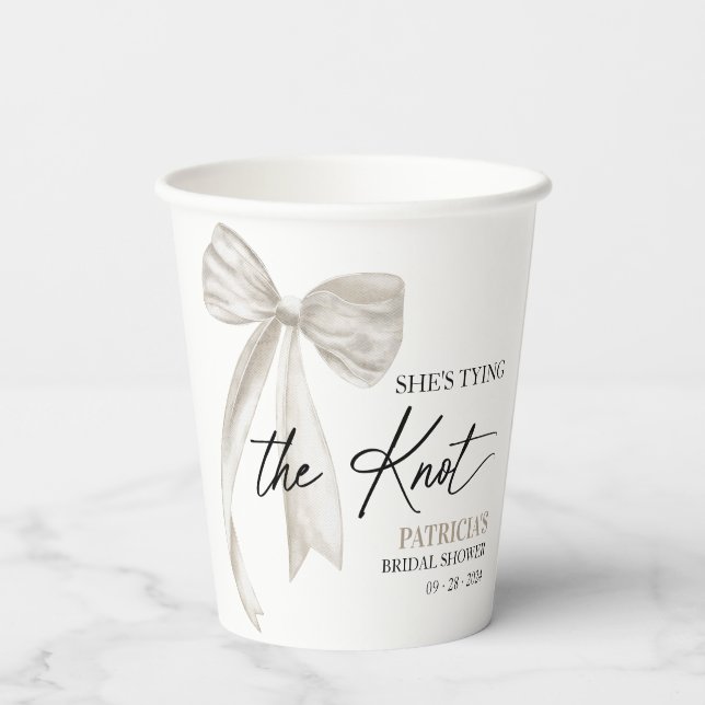 White Bow She's Tying the Knot Bridal Shower Paper Cups (Back)