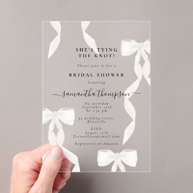 White Bow She's Tying the Knot Bridal Shower Party Acrylic Invitations (Insitu (Handheld))