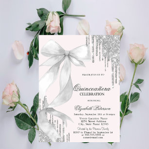 White Bow Silver Glitter Drips Quinceañera Invitation
