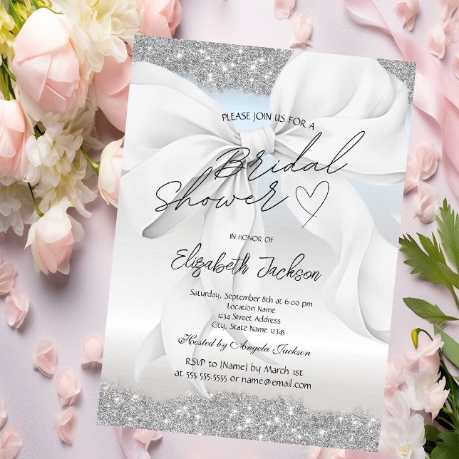 White Bow Silver Sparkle Glitter Bridal Shower  Invitation (Creator Uploaded)