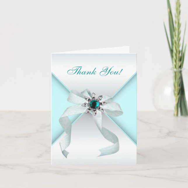 White Bow Teal Blue Thank You Cards (Front)