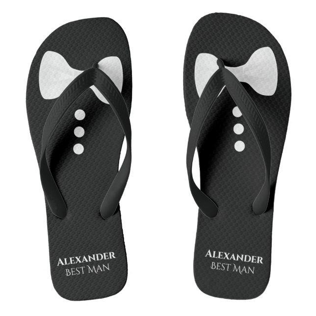 White Bow Tie on Black Cute Fun Best Man Wedding Flip Flops (Footbed)