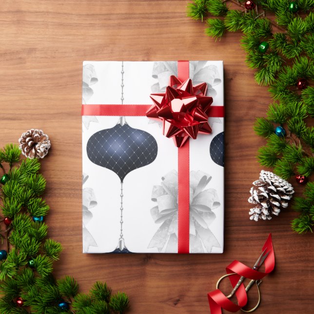 White Bows Blue Ornaments Holiday Wrapping Paper (Holiday Gift)