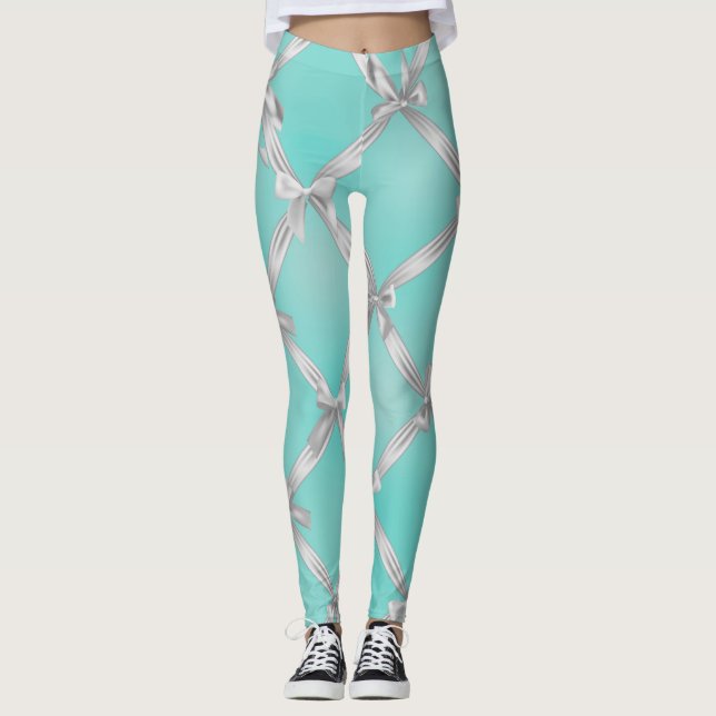 White Bows Turquoise Robin's Egg Blue Leggings (Front)