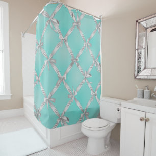 White Bows Turquoise Robin's Egg Blue Shower Curtain