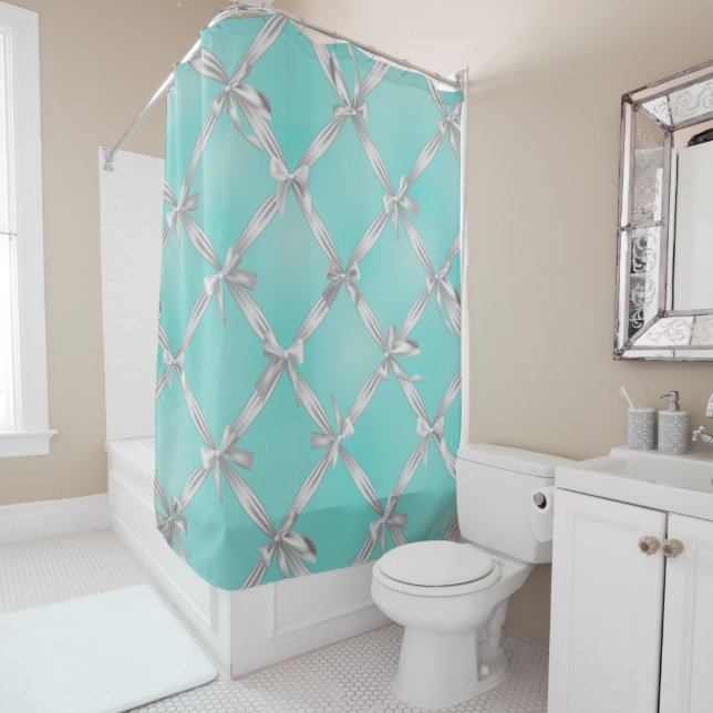 White Bows Turquoise Robin's Egg Blue Shower Curtain (In Situ)