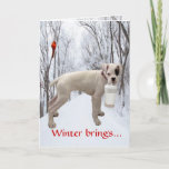 White Boxer Christmas Holiday Card<br><div class="desc">Winter brings snow & chill winds. It also brings friends together during the holidays like this white Boxer, Bentley, carrying coffee for a get together with his pals. Have those Christmas cookies ready! Inside the card are the lyrics to “The Little Drummer Boy” to get your caroling session started when...</div>