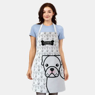 White Boxer Cute Cartoon Dog & Name Apron