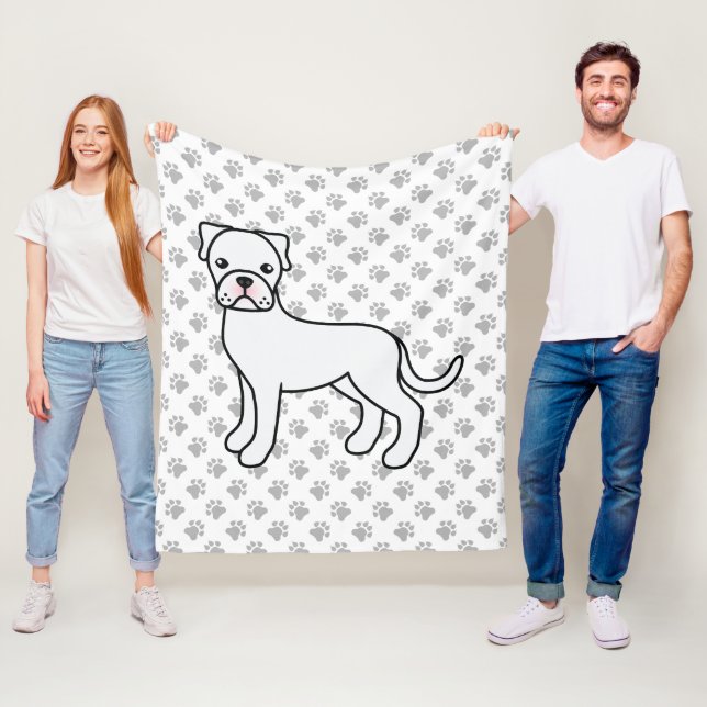 White Boxer Cute Cartoon Dog & Paws Fleece Blanket (In Situ)